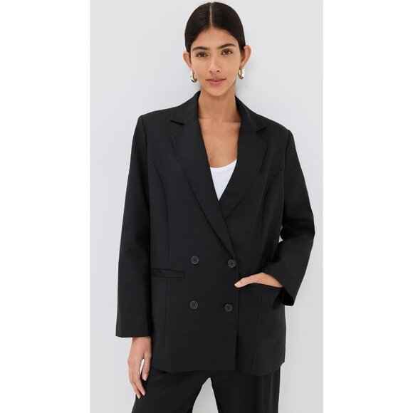 Women's Linen Blazer Small Black Notched Lapels Padded Shoulders - Picture 2 of 6